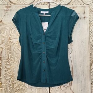 Womens DR2 Teal Ruched Button-Up Blouse Sz MED Business Casual Nordstom
